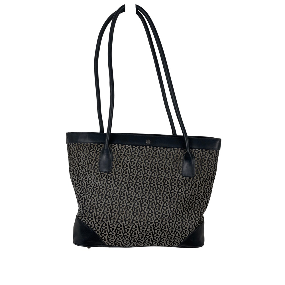 Etienne Aigner Black Monogram Jacquard Leather Trim‎ Tote Shoulder Bag